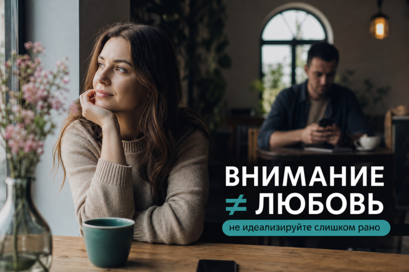Девушка задумчиво смотрит на сообщение в телефоне, представляя развитие отношений после обычного знака внимания.