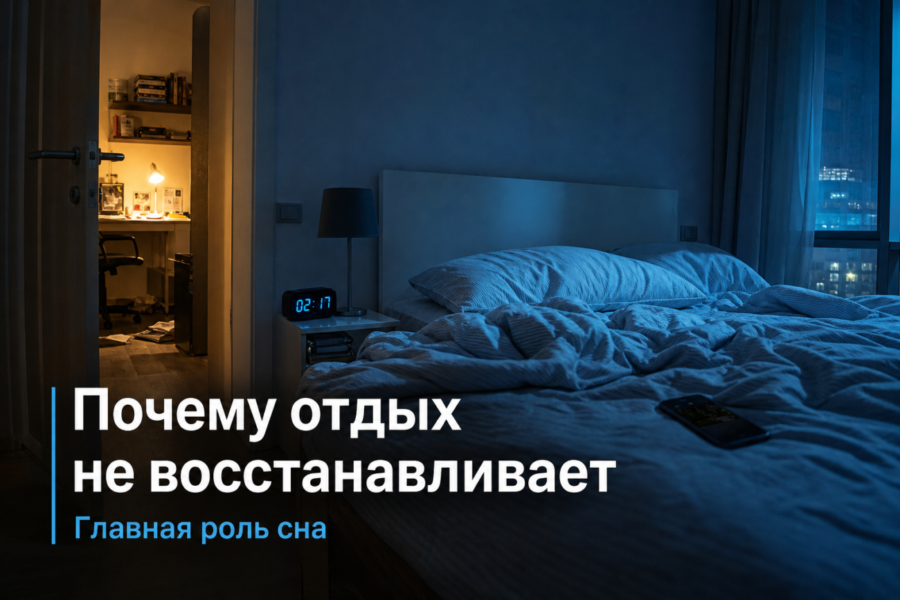 Человек отдыхает на диване, но выглядит уставшим; иллюстрация о причинах, которые мешают восстановлению сил.