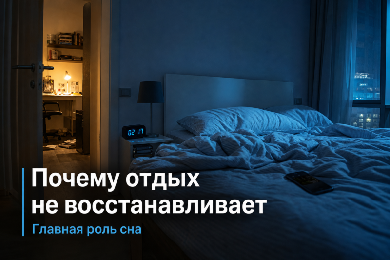 Человек отдыхает на диване, но выглядит уставшим; иллюстрация о причинах, которые мешают восстановлению сил.