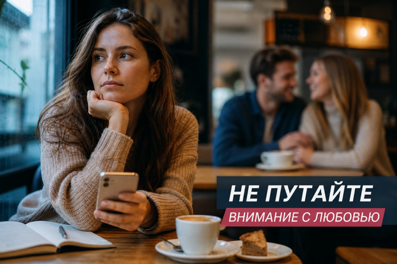 На иллюстрации женщина задумчиво смотрит на сообщение в телефоне, принимая простое внимание за возможное начало любви.
